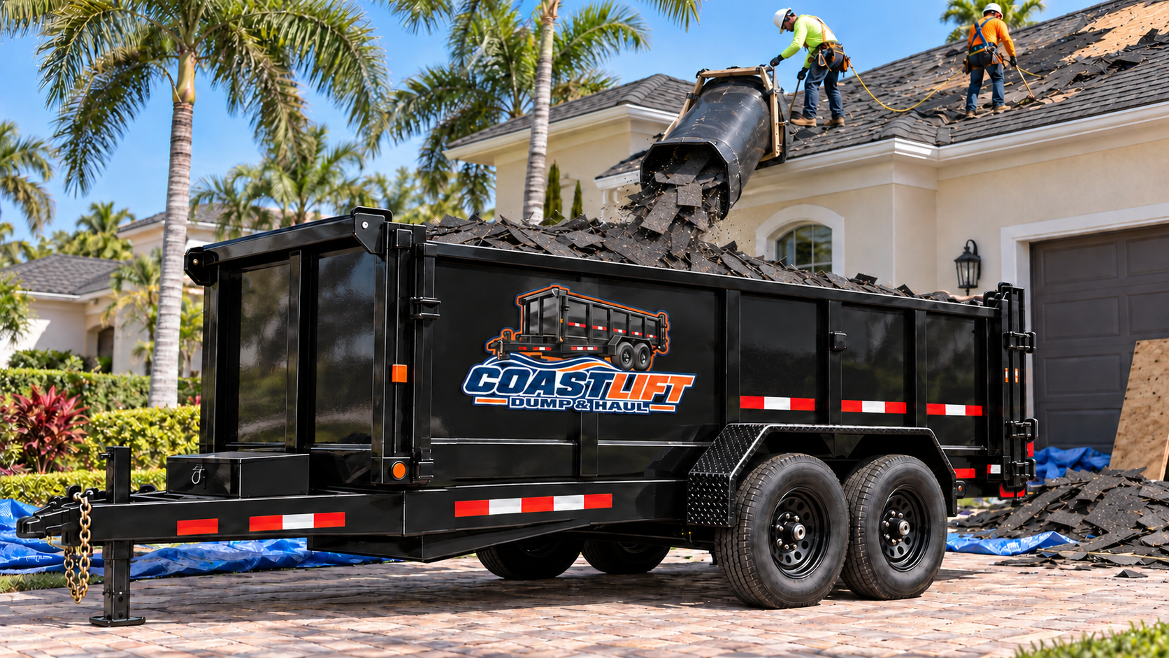 CoastLift 7 by 16 dump trailer at a roofing debris jobsite